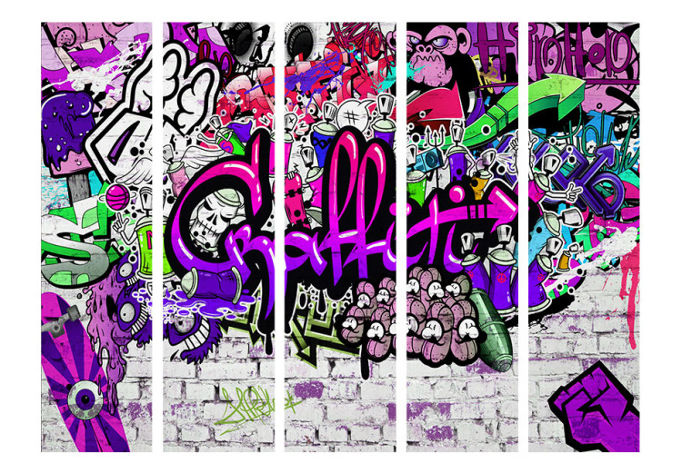 Room Separator Purple Graffiti - artistic urban patterns on a brick texture 95293 additionalImage 3