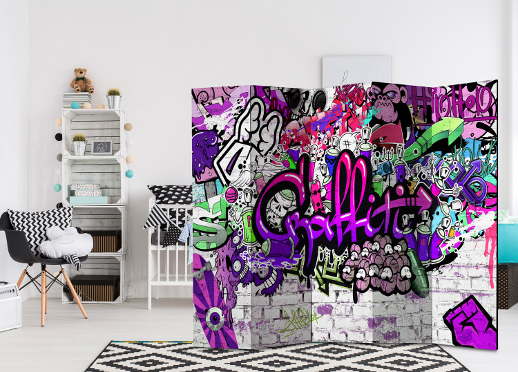 Room Separator Purple Graffiti - artistic urban patterns on a brick texture 95293 additionalImage 2