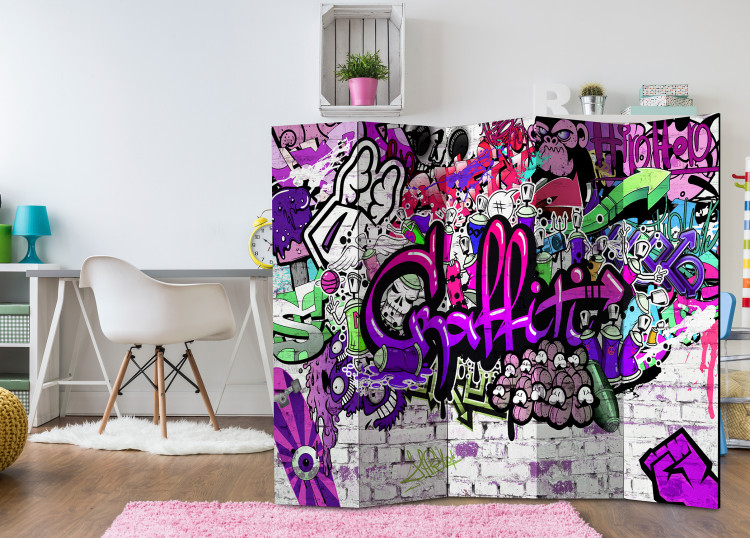 Room Separator Purple Graffiti - artistic urban patterns on a brick texture 95293 additionalImage 4