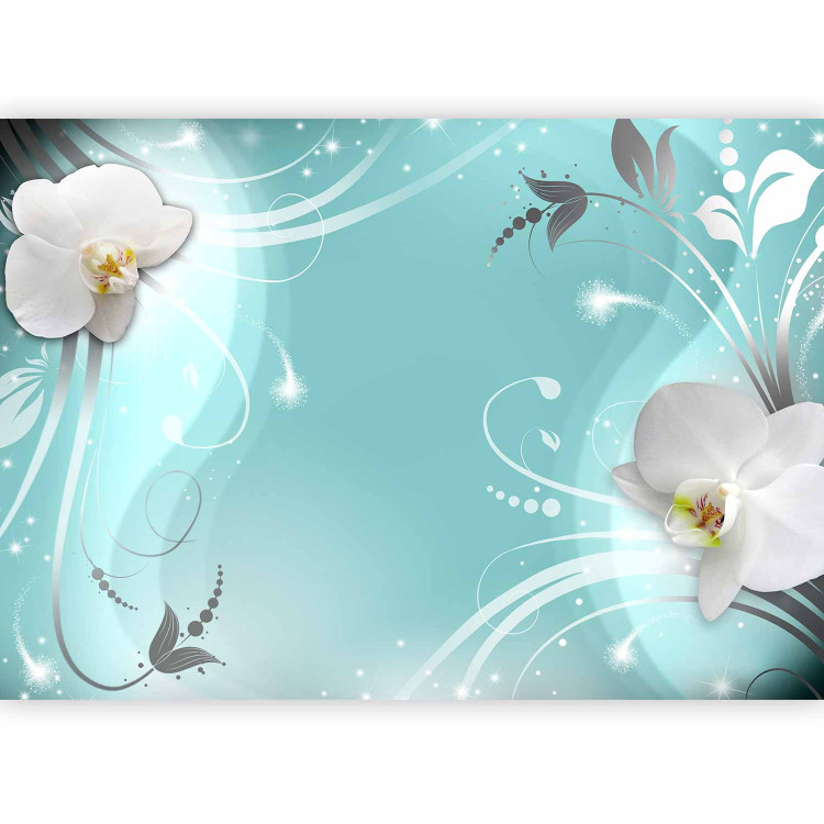 Photo Wallpaper White orchid - motif of white flowers and silver patterns on a turquoise background 97293 additionalImage 1