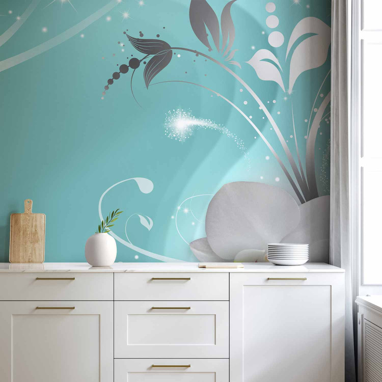 Photo Wallpaper White orchid - motif of white flowers and silver patterns on a turquoise background 97293 additionalImage 6