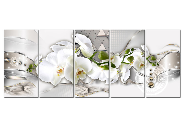 Canvas Art Print Beautiful Orchids (5-piece) - White Flowers and Geometric Figures 105004
