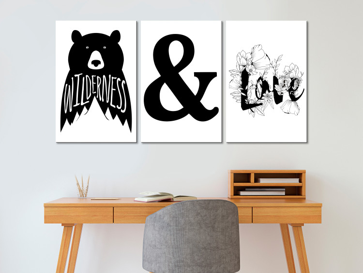 Canvas Art Print Wildlife and love - black and white graphics with a bear and flowers 117104 additionalImage 3