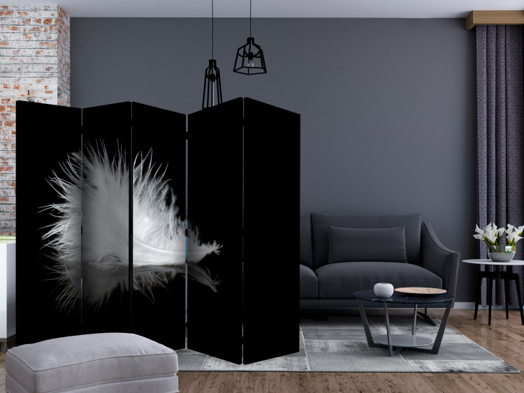 Room Divider Fleeting Moment II (5-piece) - black and white composition with a feather 124204 additionalImage 4