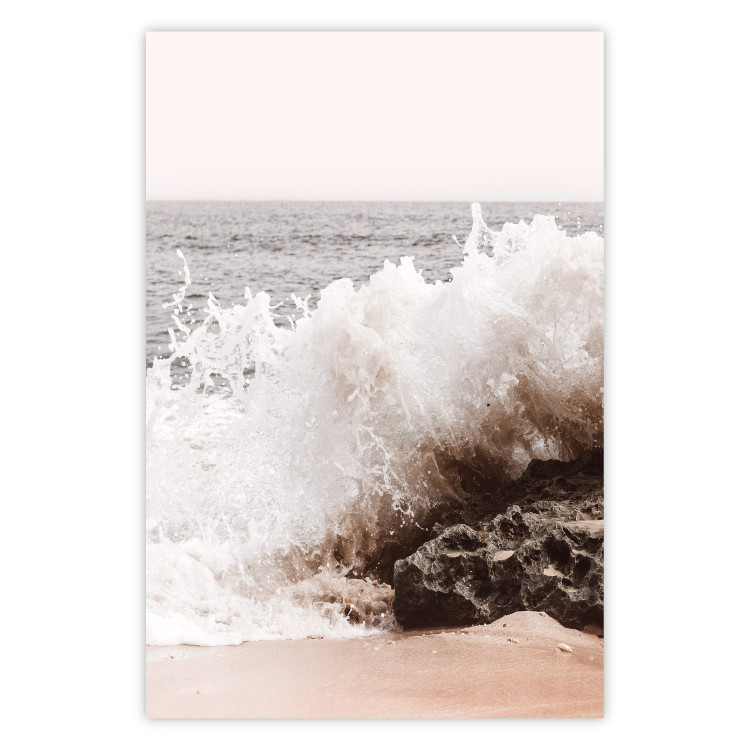 Wall Poster Torn Element - seascape with a large wave crashing on dark rock 129504
