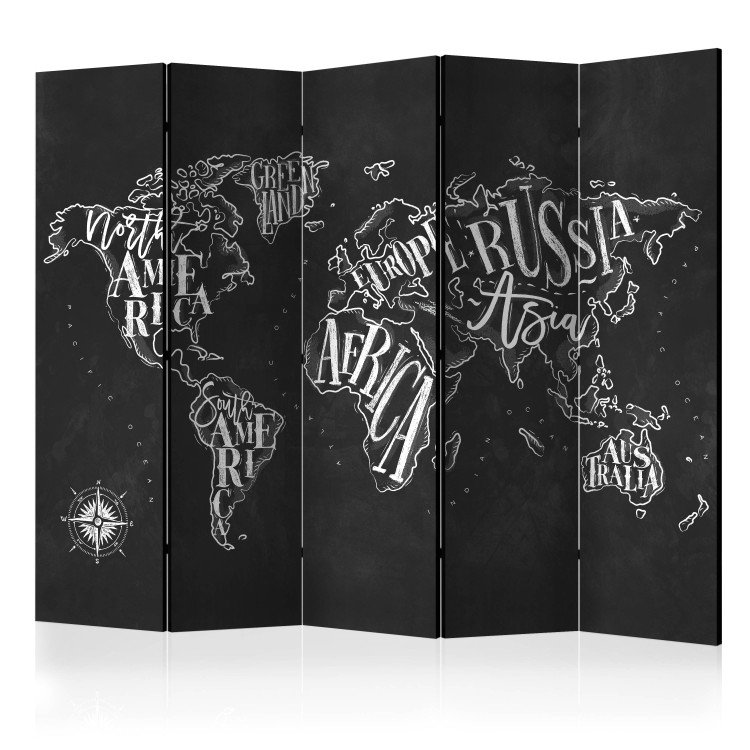 Room Separator Retro Continents (Black) II (5-piece) - world map and inscriptions 132704