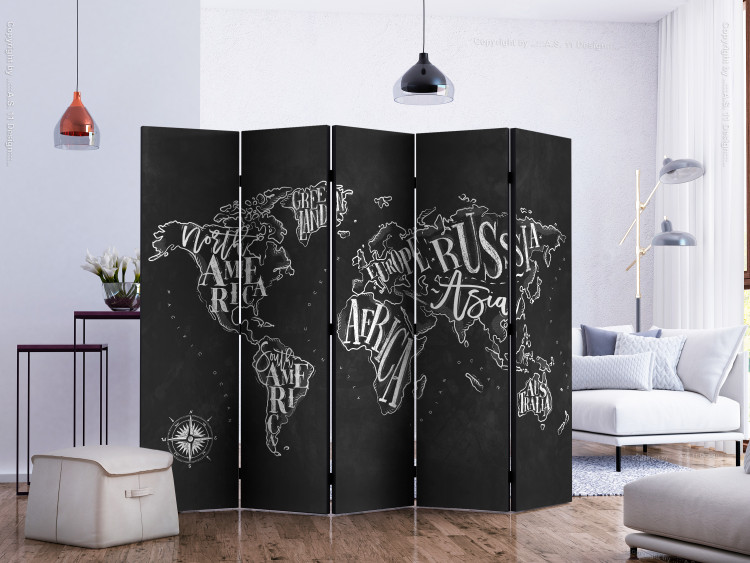 Room Separator Retro Continents (Black) II (5-piece) - world map and inscriptions 132704 additionalImage 2