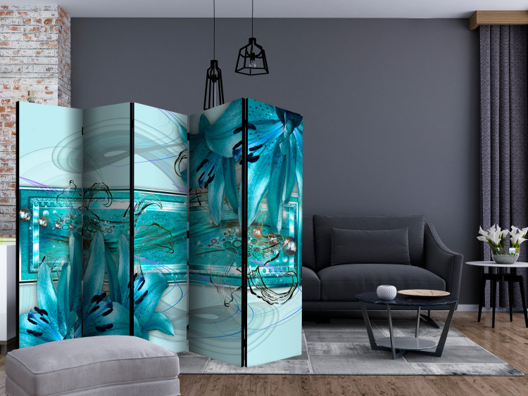Room Divider Turquoise Idyll II (5-piece) - blue abstraction in plants 134304 additionalImage 4