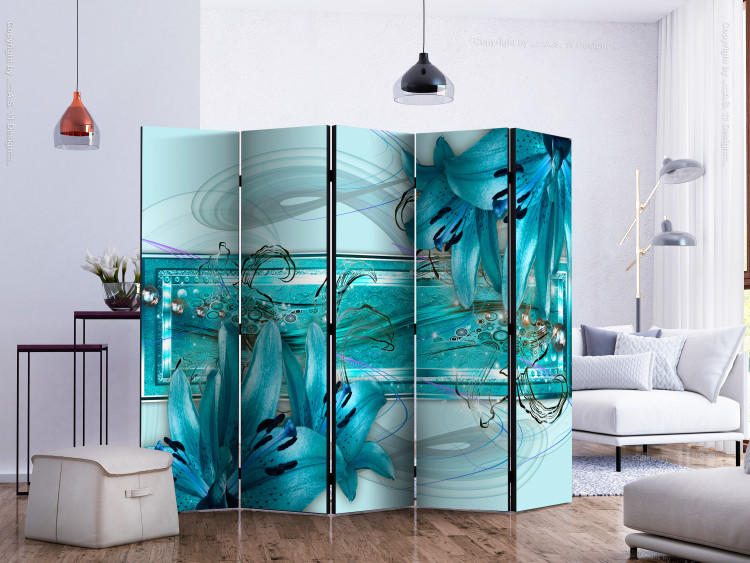 Room Divider Turquoise Idyll II (5-piece) - blue abstraction in plants 134304 additionalImage 2