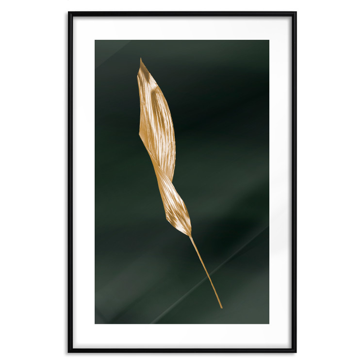 Poster Leaf in the Wind - golden leaf composition on a dark green background 135604 additionalImage 4