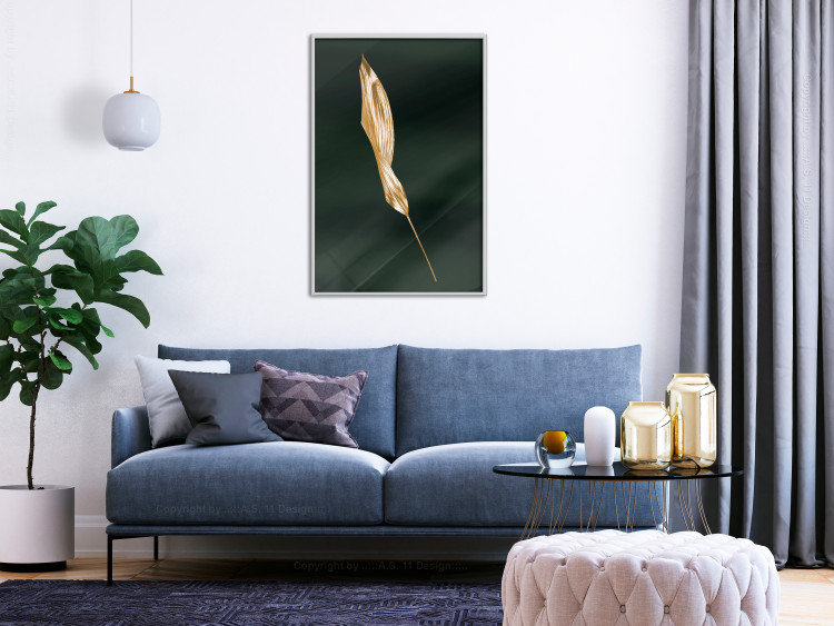Poster Leaf in the Wind - golden leaf composition on a dark green background 135604 additionalImage 16