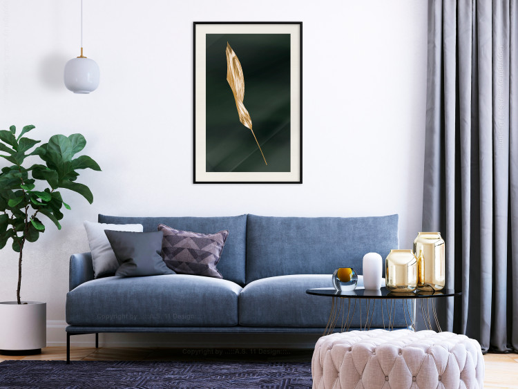 Poster Leaf in the Wind - golden leaf composition on a dark green background 135604 additionalImage 12