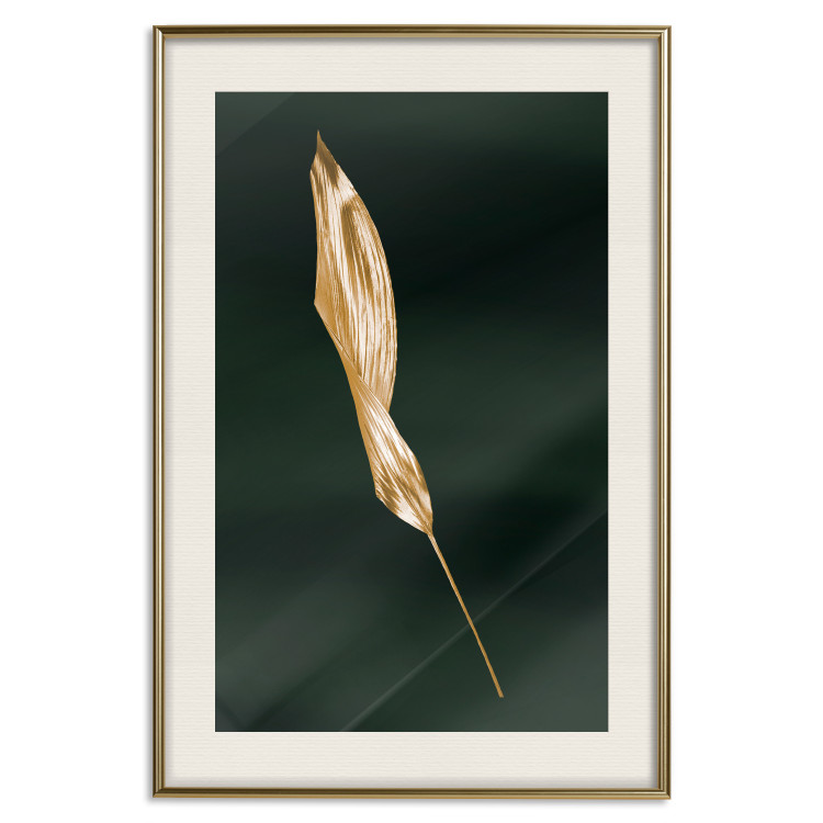 Poster Leaf in the Wind - golden leaf composition on a dark green background 135604 additionalImage 2