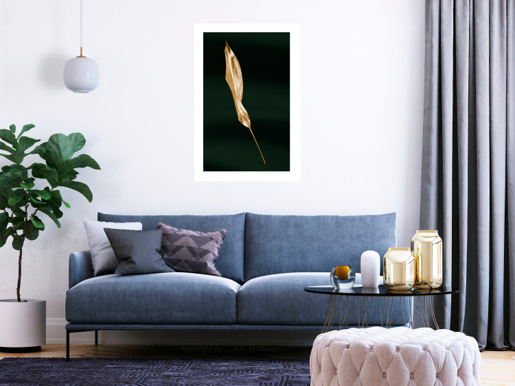 Poster Leaf in the Wind - golden leaf composition on a dark green background 135604 additionalImage 17