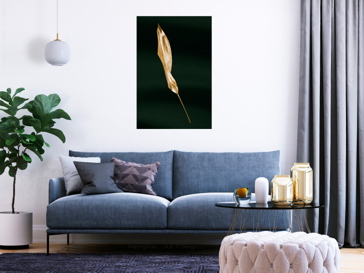 Poster Leaf in the Wind - golden leaf composition on a dark green background 135604 additionalImage 8