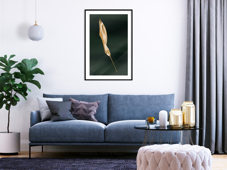 Poster Leaf in the Wind - golden leaf composition on a dark green background 135604 additionalImage 14