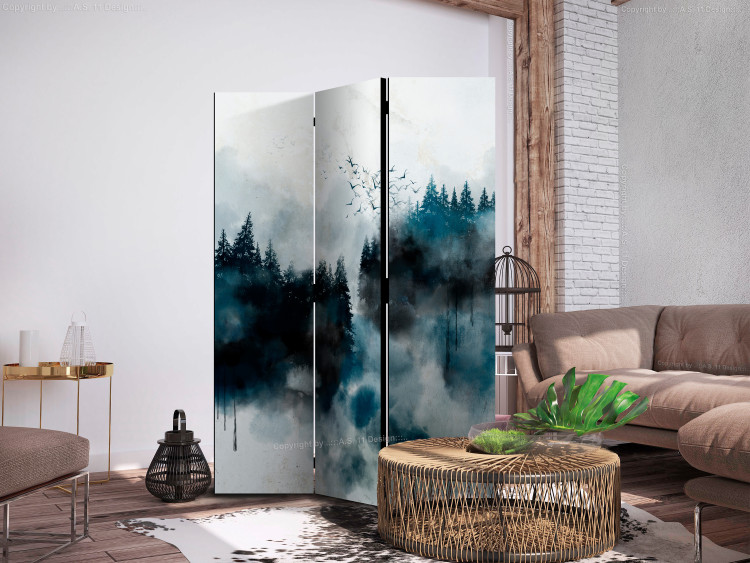 Room Separator Painted Mountains (3-piece) - landscape of forest trees and birds in the background 136104 additionalImage 2