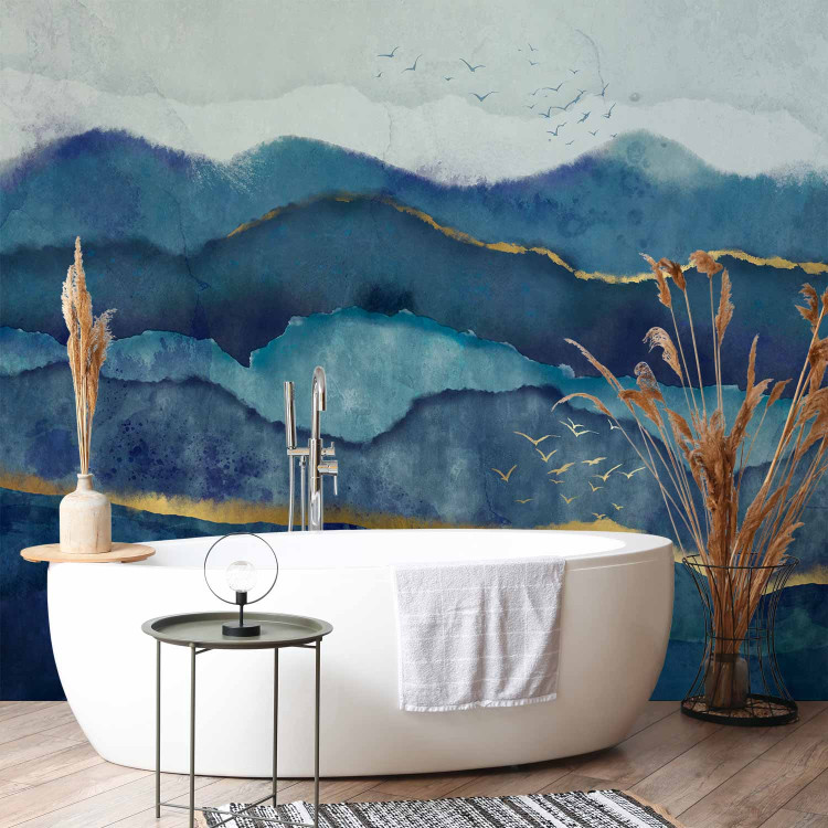 Wall Mural Abstract landscape - blue mountains with birds and golden patterns 137304 additionalImage 8