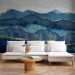Wall Mural Abstract landscape - blue mountains with birds and golden patterns 137304