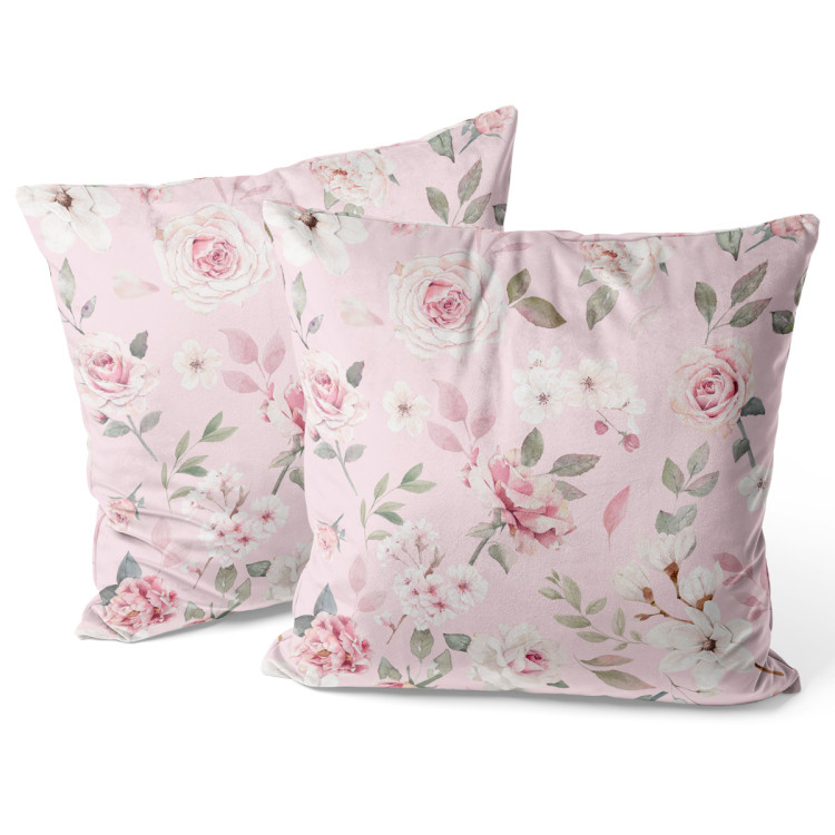 Decorative Velor Pillow Spring charm - vintage-style rose and magnolia on pale pink background 147104 additionalImage 2