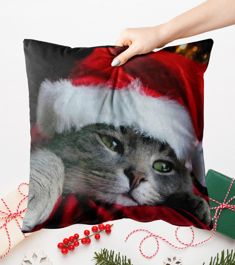 Decorative Velor Pillow Cat with Santa hat - Christmas animal on dark background 148504 additionalImage 4