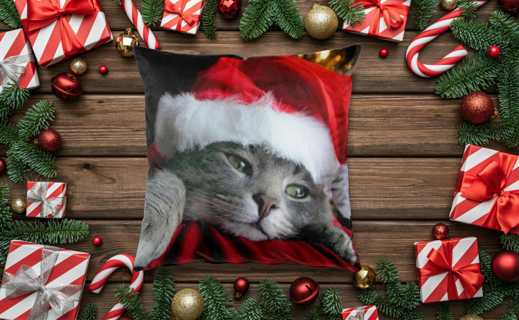 Decorative Velor Pillow Cat with Santa hat - Christmas animal on dark background 148504 additionalImage 2