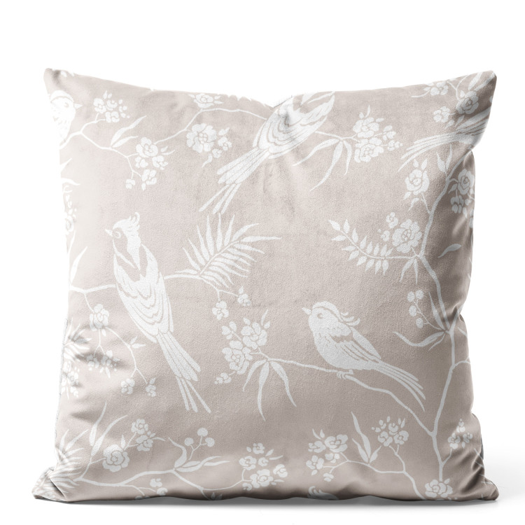Decorative Velor Pillow Birds on Twigs - Beige Minimalist Design With Floral Motif 151304