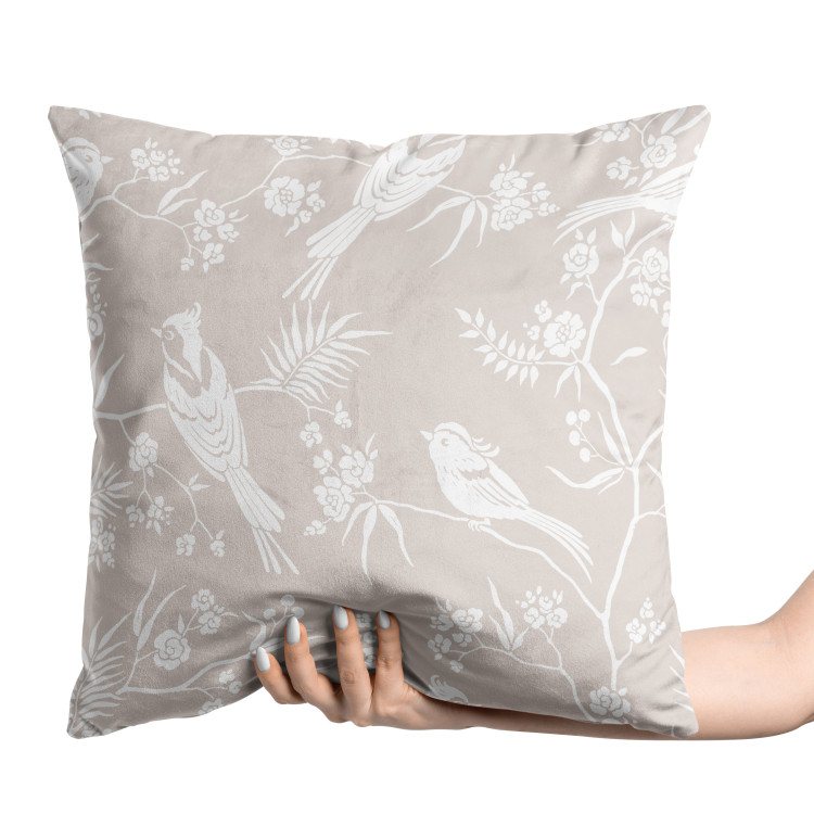 Decorative Velor Pillow Birds on Twigs - Beige Minimalist Design With Floral Motif 151304 additionalImage 3