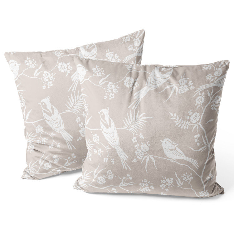Decorative Velor Pillow Birds on Twigs - Beige Minimalist Design With Floral Motif 151304 additionalImage 2
