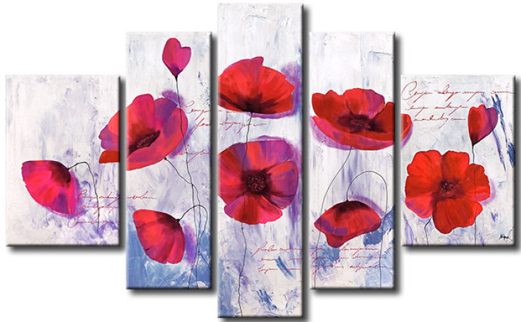 Canvas Icy Poppies (5-piece) - Red flowers on a white background with inscriptions 48504
