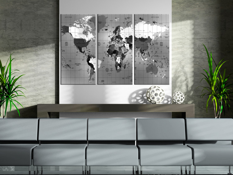 Canvas Gray Cartography (3-piece) - World Map in a Geometric Pattern 93804 additionalImage 3