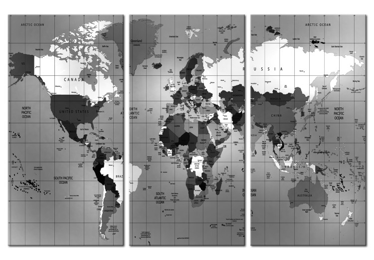 Canvas Gray Cartography (3-piece) - World Map in a Geometric Pattern 93804