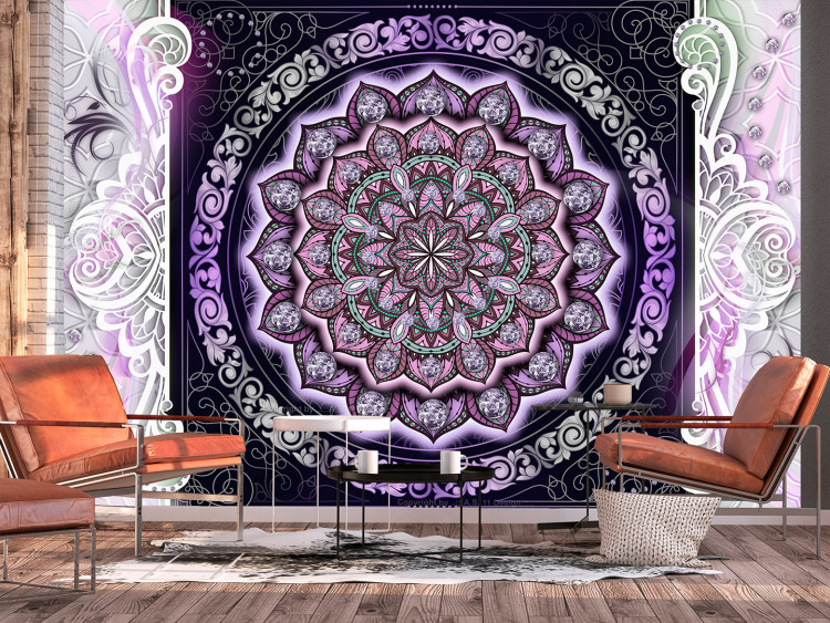 Wall Mural Stained glass in violets - abstract Mandala in patterns on a background of ornaments 108214