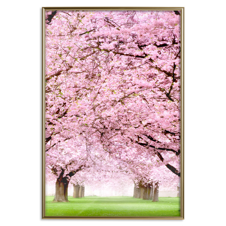Poster Cherry Orchard - landscape of green grass and trees with pink leaves 126214 additionalImage 27