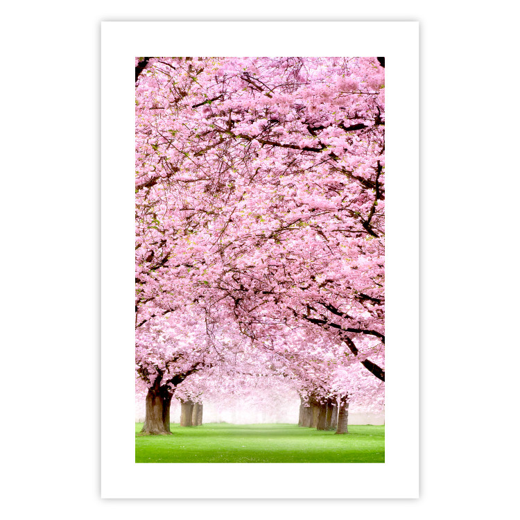 Poster Cherry Orchard - landscape of green grass and trees with pink leaves 126214 additionalImage 19