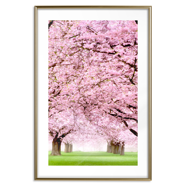 Poster Cherry Orchard - landscape of green grass and trees with pink leaves 126214 additionalImage 17