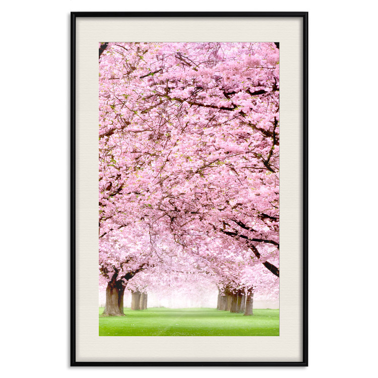 Poster Cherry Orchard - landscape of green grass and trees with pink leaves 126214 additionalImage 19