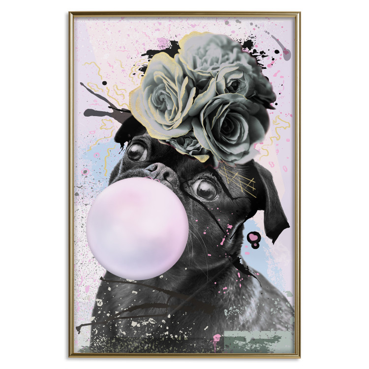 Poster Pug with Chewing Gum - black and amusing dog with flowers on a pastel background 126914 additionalImage 17