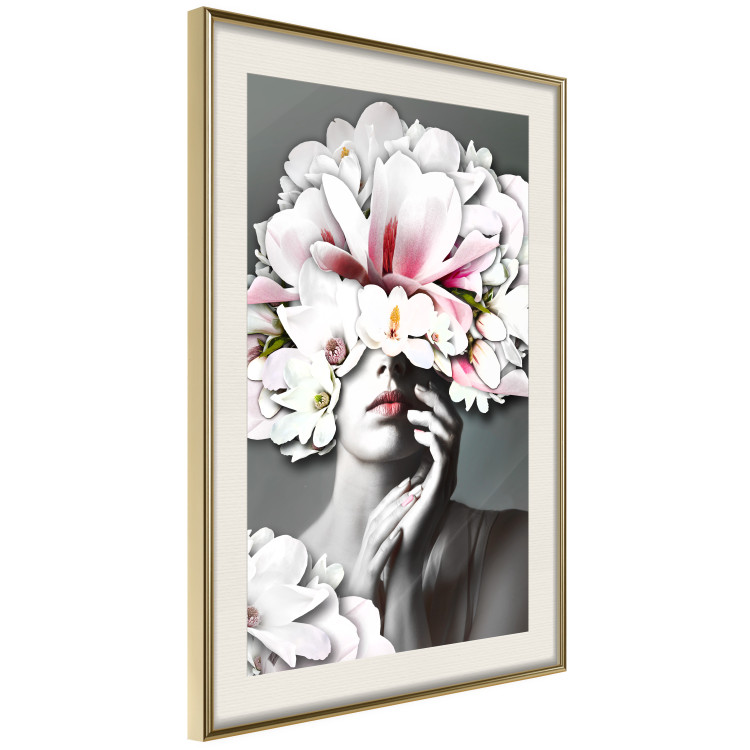 Poster Dream of Love - portrait of a woman with flowers on her head on a gray background 127214 additionalImage 2