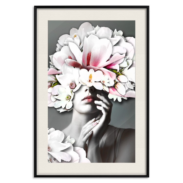 Poster Dream of Love - portrait of a woman with flowers on her head on a gray background 127214 additionalImage 19