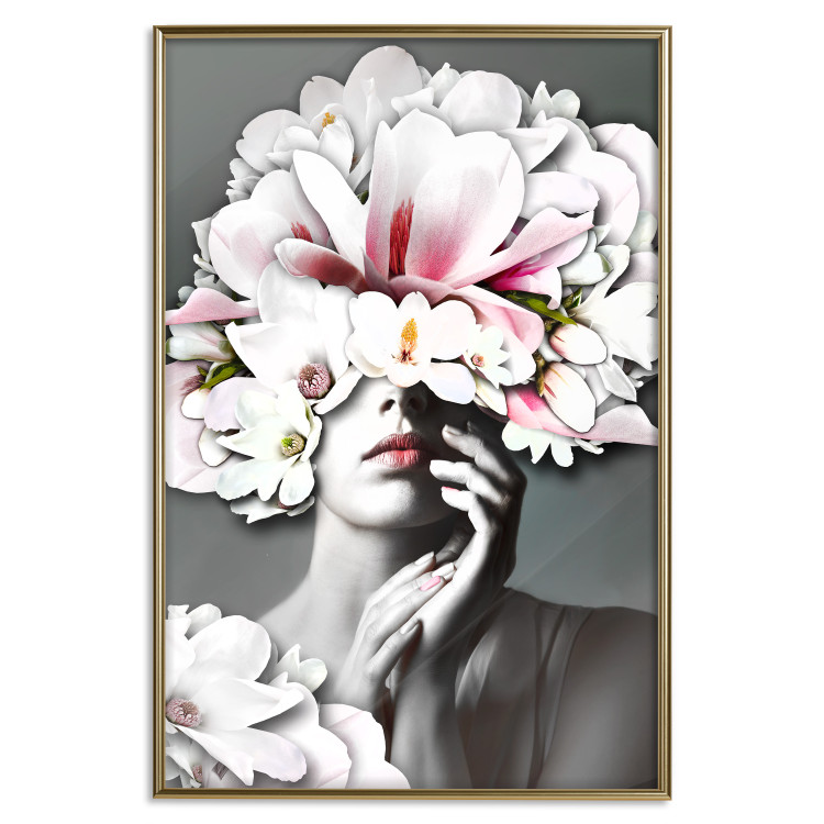 Poster Dream of Love - portrait of a woman with flowers on her head on a gray background 127214 additionalImage 21