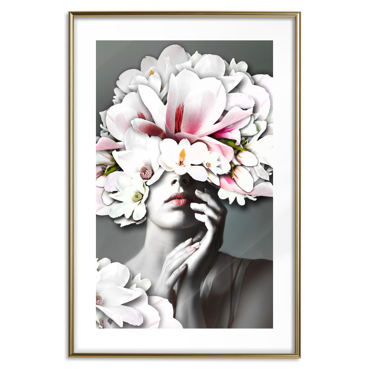 Poster Dream of Love - portrait of a woman with flowers on her head on a gray background 127214 additionalImage 14