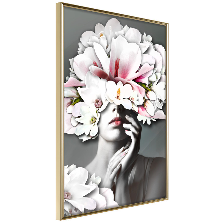 Poster Dream of Love - portrait of a woman with flowers on her head on a gray background 127214 additionalImage 9