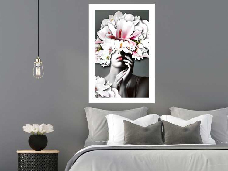 Poster Dream of Love - portrait of a woman with flowers on her head on a gray background 127214 additionalImage 5