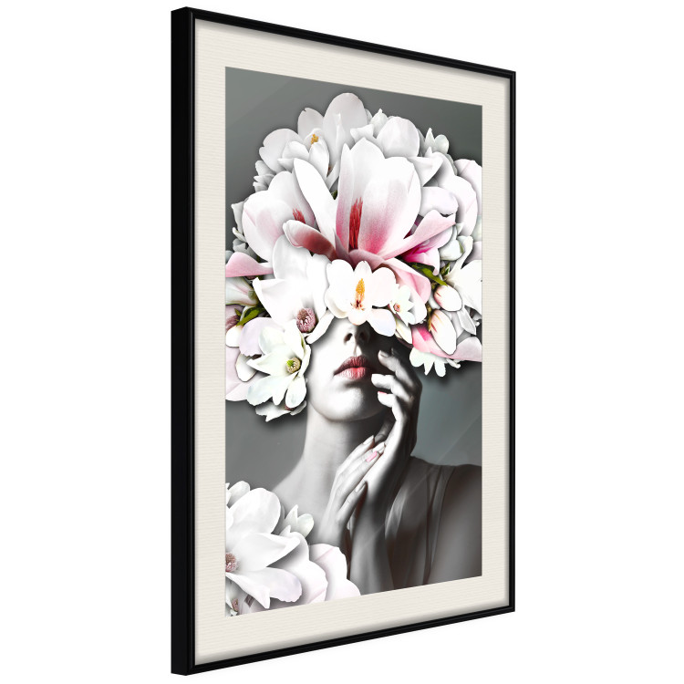 Poster Dream of Love - portrait of a woman with flowers on her head on a gray background 127214 additionalImage 4