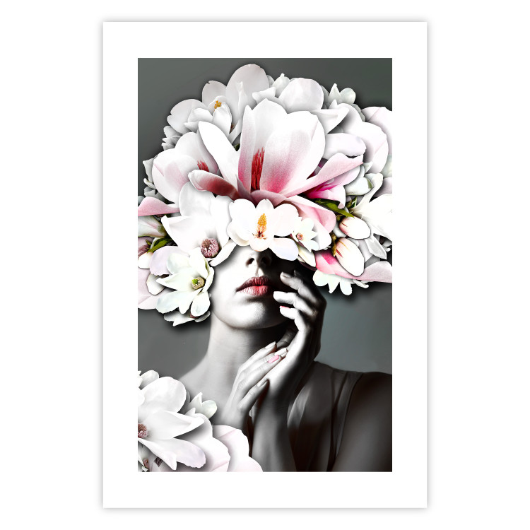 Poster Dream of Love - portrait of a woman with flowers on her head on a gray background 127214 additionalImage 25
