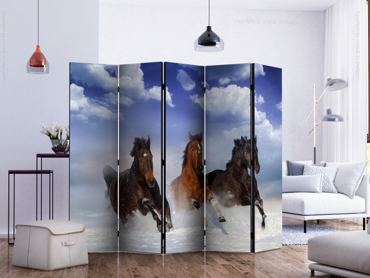 Room Divider Screen Horses in the Snow II (5-piece) - galloping animals and blue sky 128814 additionalImage 2