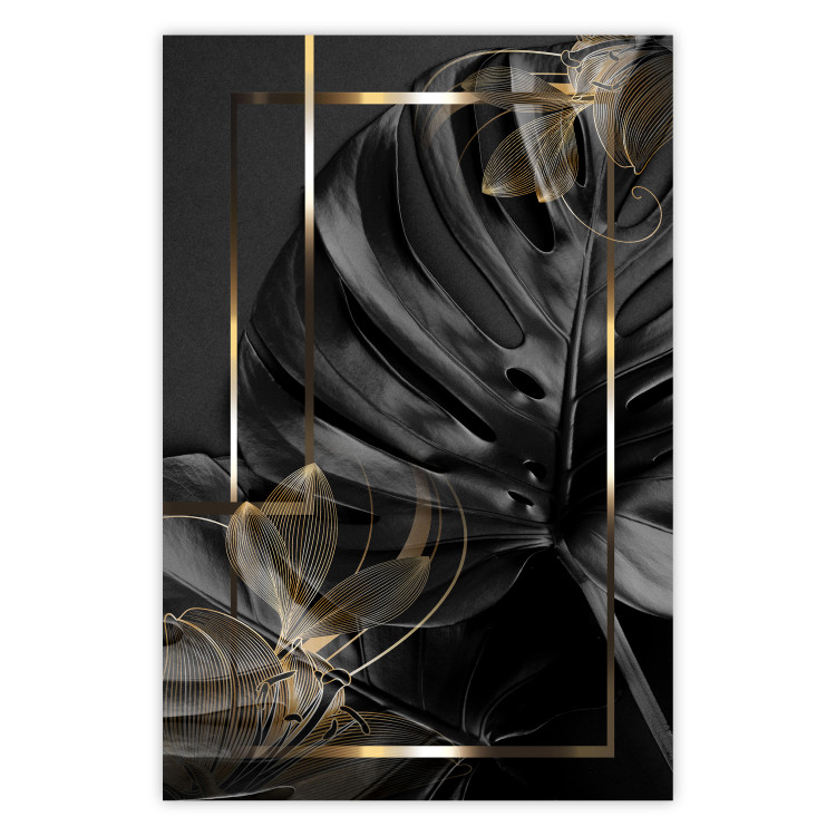 Wall Poster Black and Gold - black leaf composition with delicate golden details 134514