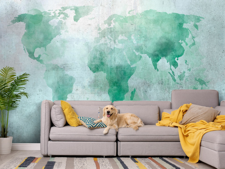 Wall Mural Mint world - watercolour world map on a background with concrete pattern 136014