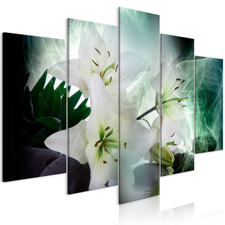Canvas Print Turquoise Wind (5-piece) Wide - lilies on an abstract background 143414 additionalImage 2